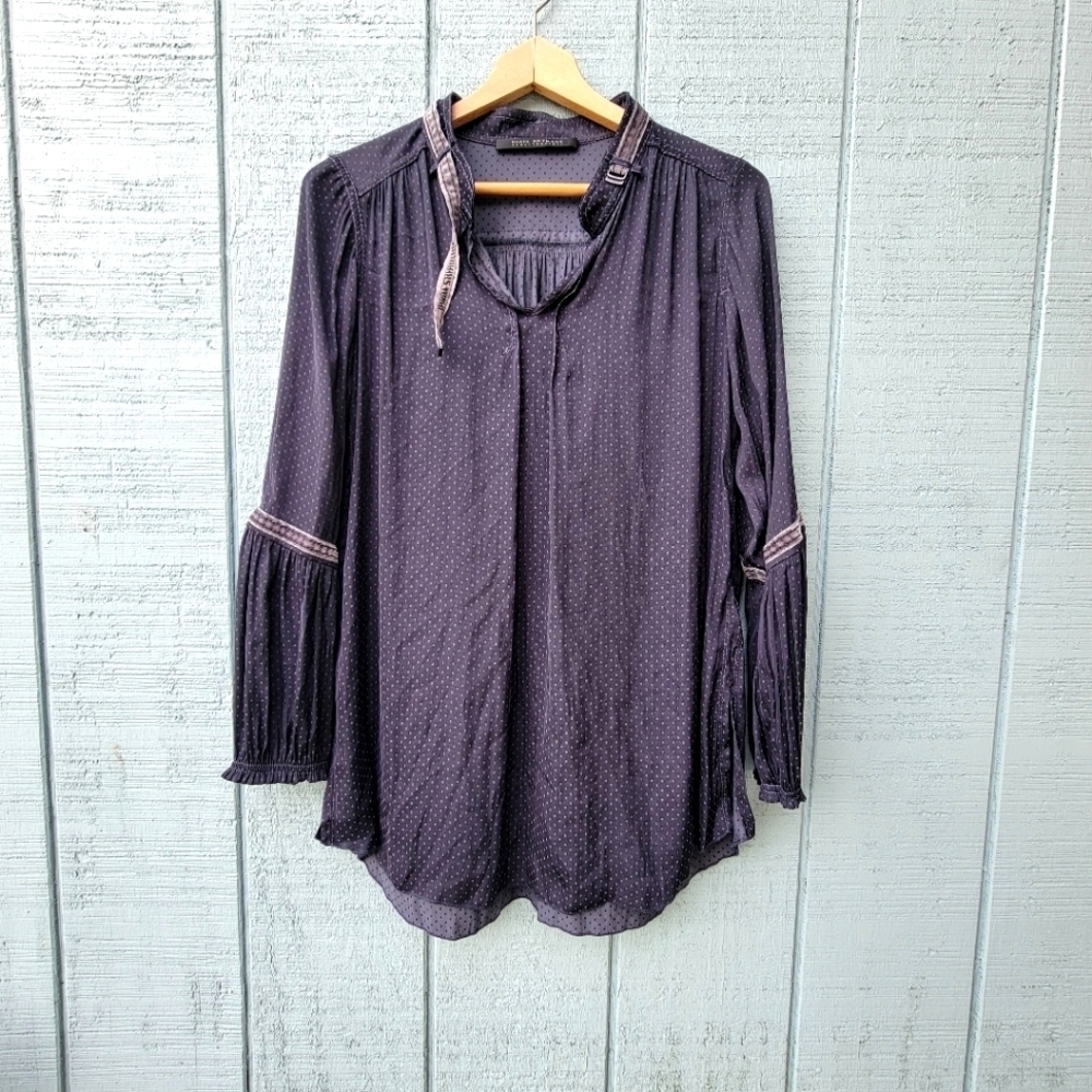 Beate Heymann Peasant Polka Dot Navy Blouse Tunic Choker Neck size 8